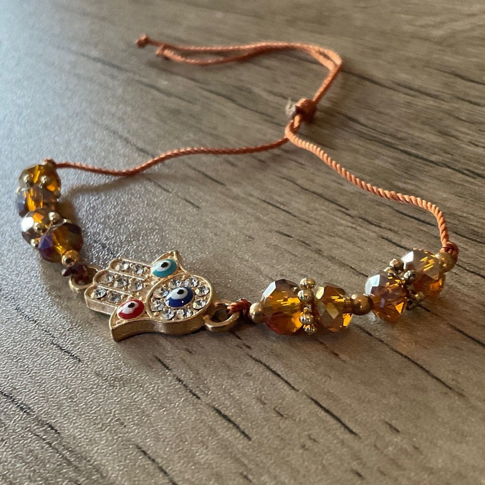 Gold Hamsa Charm Kids Bracelet with Amber Beads